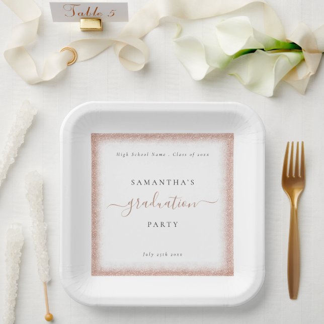 Rose Gold Glitter Frame Name Date White Grad Party Paper Plate (Wedding)