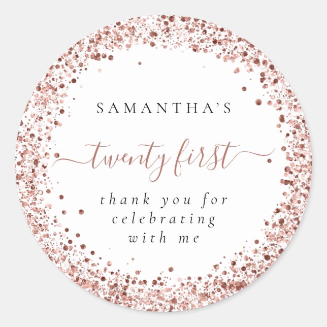 Rose Gold Glitter Frame Name Thanks Twenty First Classic Round Sticker (Front)