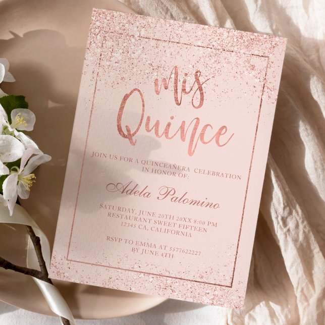Rose gold glitter frame script blush Quinceañera Invitation (Creator Uploaded)