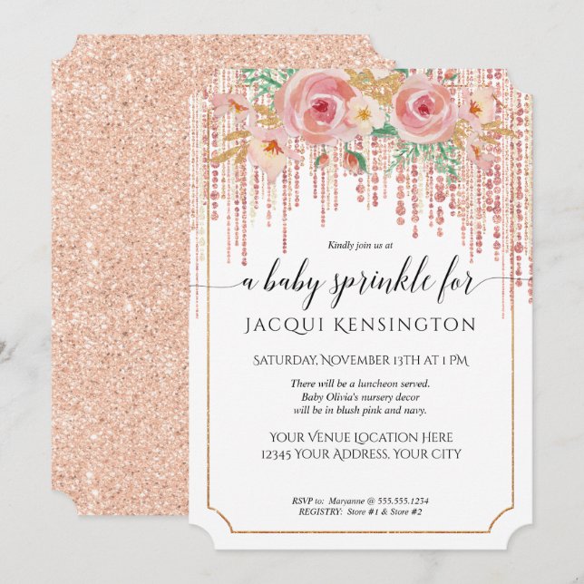 Rose Gold Glitter Fringe Pink Floral Baby Sprinkle Invitation (Front/Back)