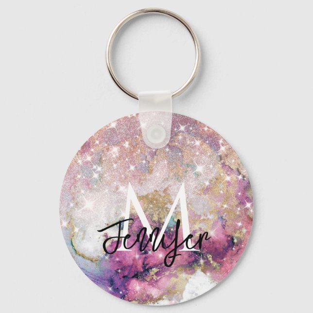 Rose Gold Glitter Galaxy Monogram Custom Name Keyc Key Ring (Front)