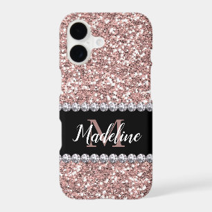 Rose Gold Glitter & Gems with Name and Monogram