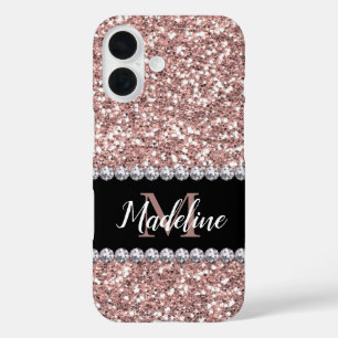 Rose Gold Glitter & Gems with Name and Monogram iPhone 16 Case