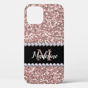 Rose Gold Glitter & Gems with Name and Monogram iPhone 12 Case