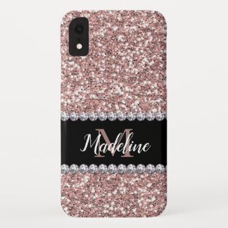 Rose Gold Glitter & Gems with Name and Monogram Case-Mate iPhone Case