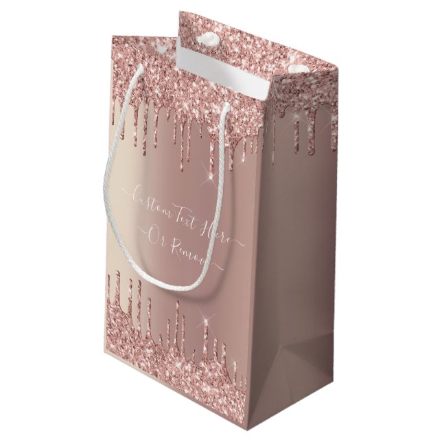 Rose Gold Glitter Gift Bag with Custom Text Name (Back Angled)