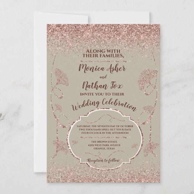 Rose Gold Glitter Gingko Leaves on Grey Mist (Front)