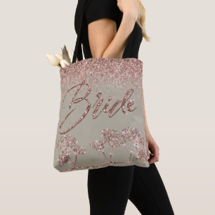 Rose Gold Glitter Gingko on Grey Mist Bride Tote Bag