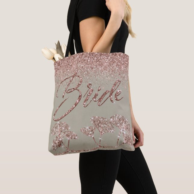Rose Gold Glitter Gingko on Grey Mist Bride Tote Bag (Close Up)