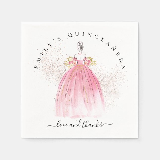 Rose Gold Glitter Girl Gown Quinceañera Napkin (Front)