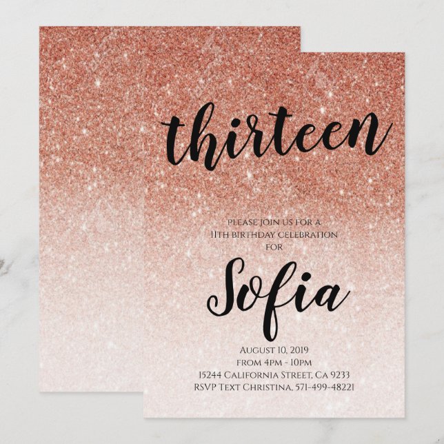 Rose Gold Glitter Girl Teen Birthday Party Invitation (Front/Back)