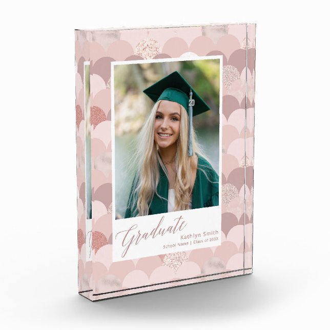 Rose Gold Glitter Girl Trendy Graduation Photo Block (Left)
