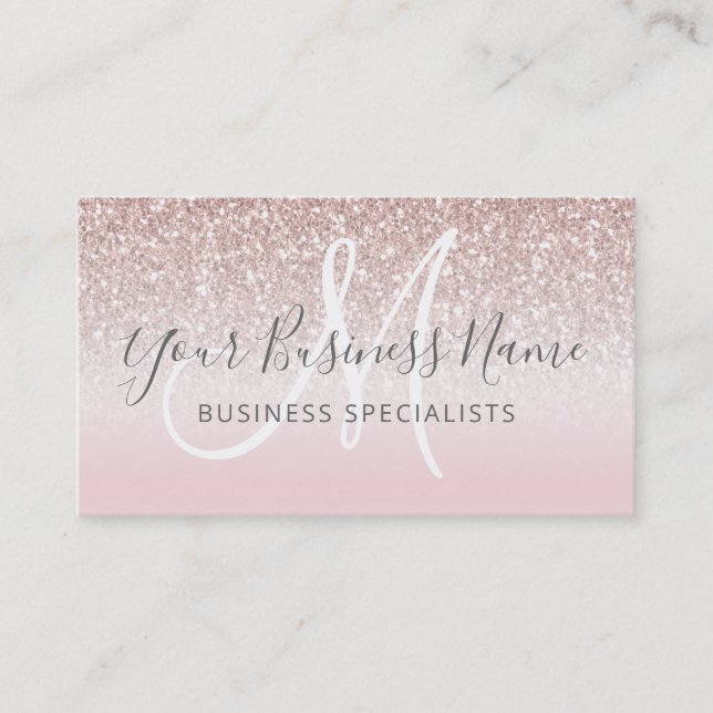 Rose Gold Glitter Girly Business Logo Monogram Card (Front)