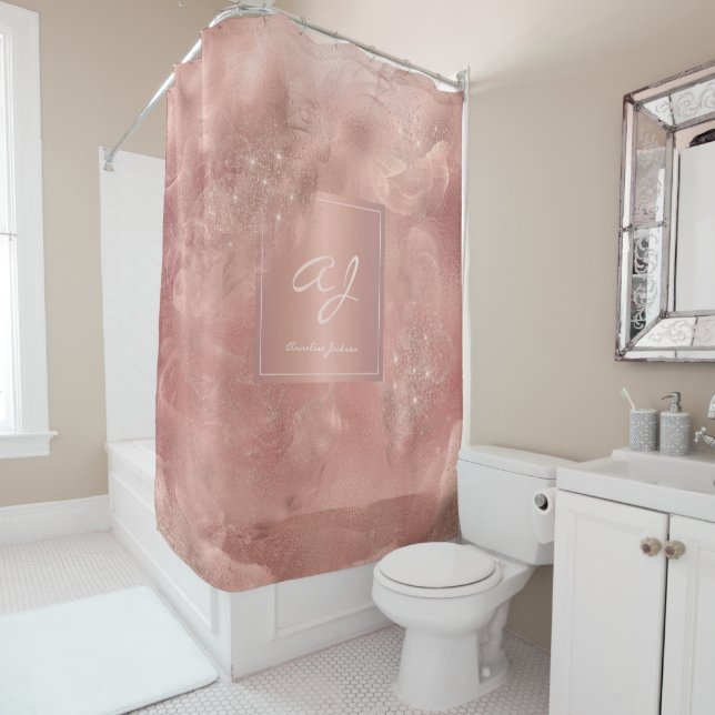 Rose gold glitter girly modern chic glam monogram shower curtain (In Situ)