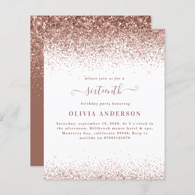 Rose gold glitter girly script 16 birthday budget (Front/Back)