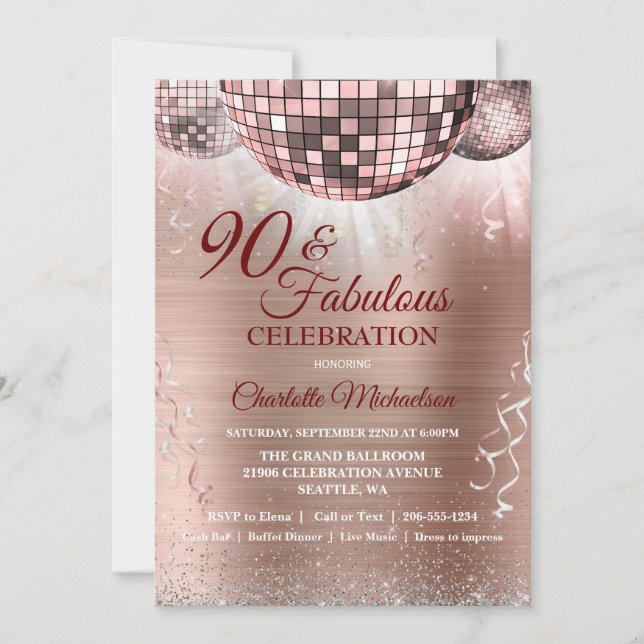 Rose Gold Glitter Glam 90th Birthday Disco Ball Invitation (Front)