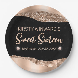 Rose Gold Glitter Glam Edge & Diamonds Sweet 16 Paper Plate