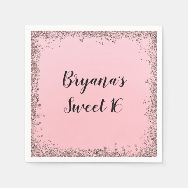 Rose Gold Glitter Glam Edge Sweet 16 Pink Party Napkin (Front)