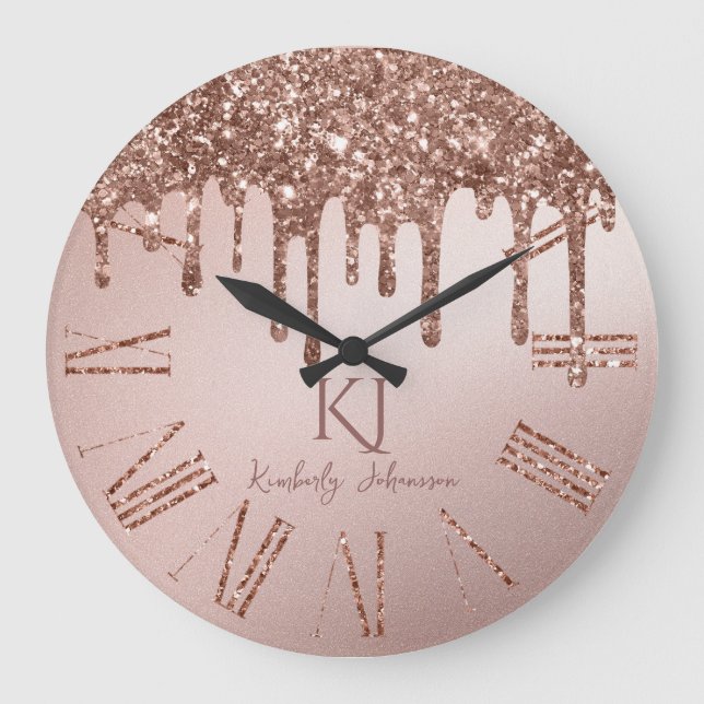 Rose Gold Glitter Glam & Monogram Initials Large Clock (Front)
