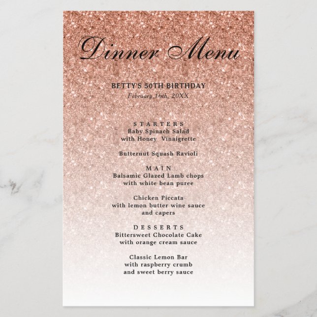 Rose Gold Glitter Glam Party Paper Menu (Front)