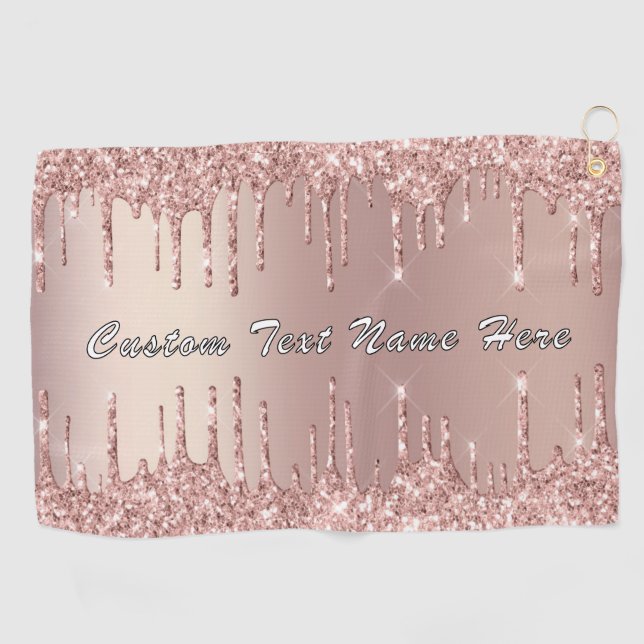 Rose Gold Glitter Golf Towel with Custom Text Name (Horizontal)