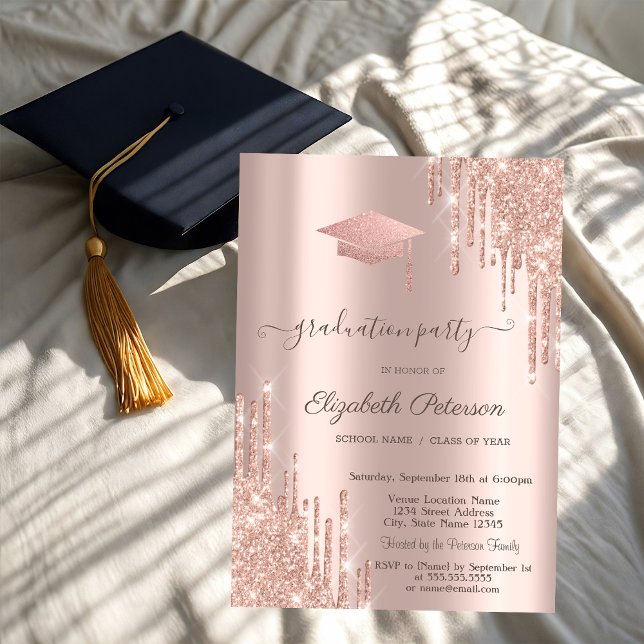 Rose Gold Glitter Grad Cap Drips  Invitation (Creator Uploaded)