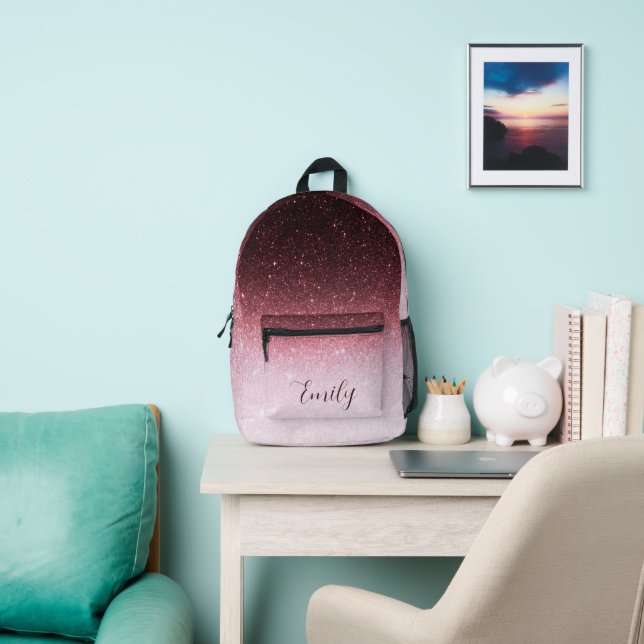 Rose gold glitter gradient personalised printed backpack (Insitu)