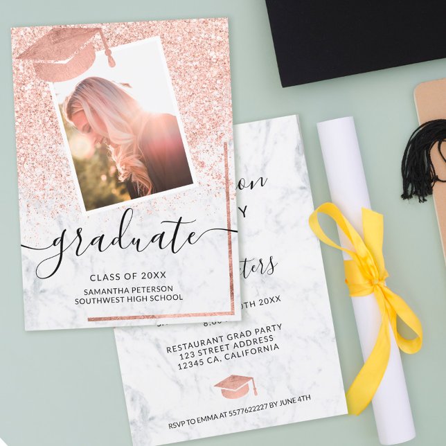 Rose gold glitter graduate photo cap graduation invitation (Creator Uploaded)