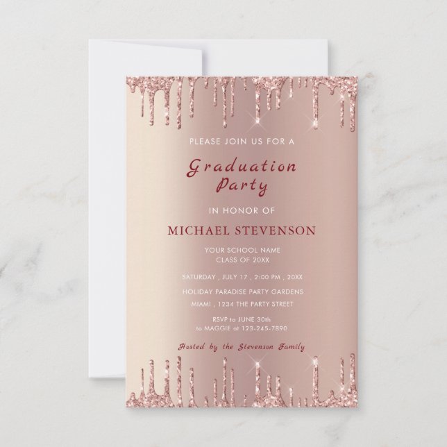 Rose Gold Glitter Graduation Invitation Example (Front)