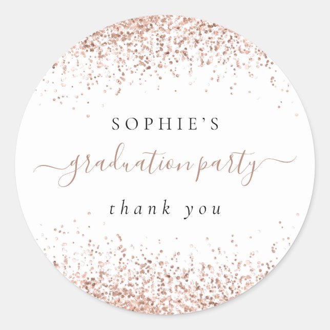 Rose Gold Glitter Graduation Party Thank You Classic Round Sticker (Front)