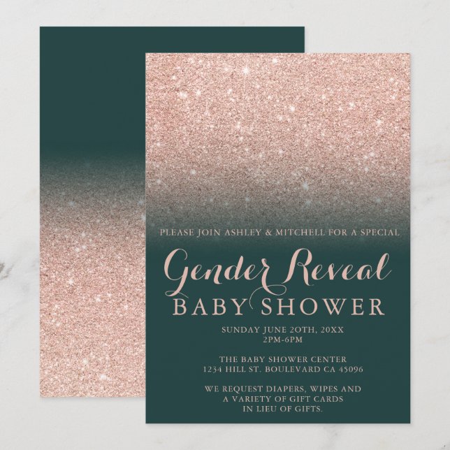 Rose gold glitter green emerald gender reveal baby invitation (Front/Back)
