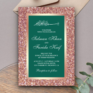 Rose Gold Glitter Green Islamic Muslim Wedding Invitation
