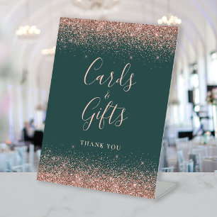 Rose Gold Glitter Green Wedding Cards and Gifts Pedestal Sign
