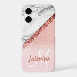 Rose Gold Glitter Grey Marble Girly Monogram