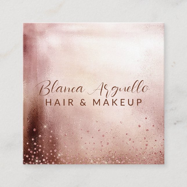 Rose Gold Glitter Hair Makeup Artist Appointment & Square Business Card (Front)