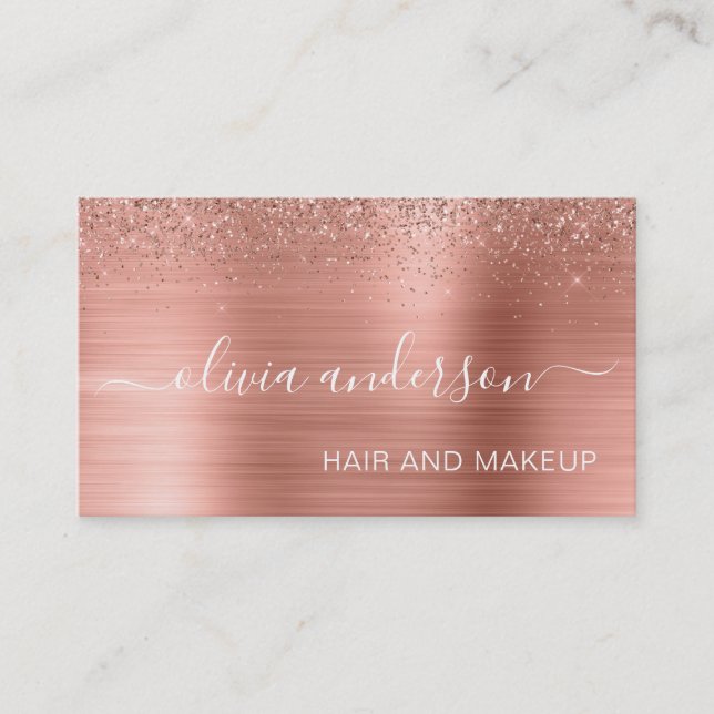Rose Gold Glitter Hair Makeup Salon Metallic Busin Business Card (Front)