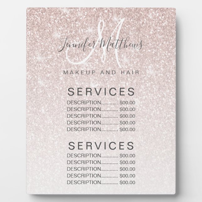 Rose Gold Glitter Hair Makeup Salon Price Menu Plaque (Front)