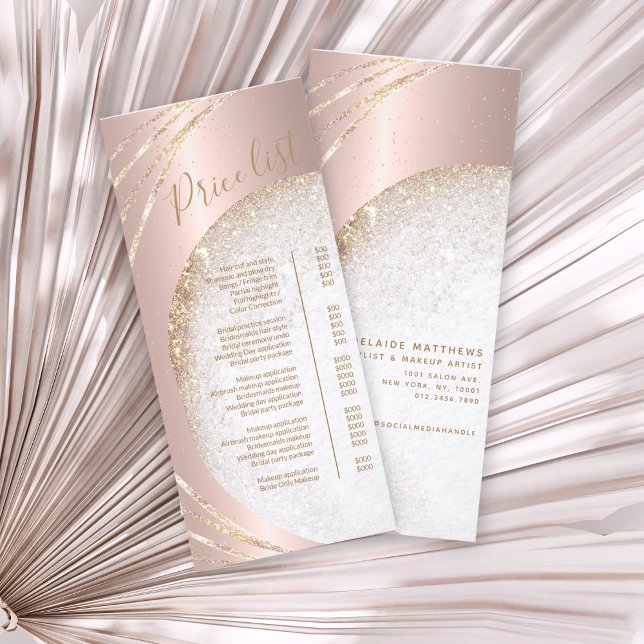 Rose Gold Glitter Hair Stylist Salon Price List Rack Card (Creator Uploaded)