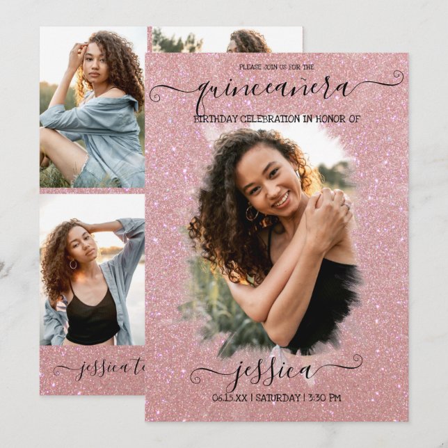Rose Gold Glitter Halo Photo Collage Quinceañera Invitation (Front/Back)