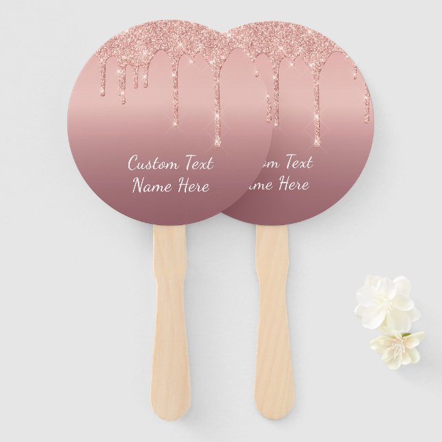 Rose Gold Glitter Hand Fans Personalised Text Name (Front and Back)