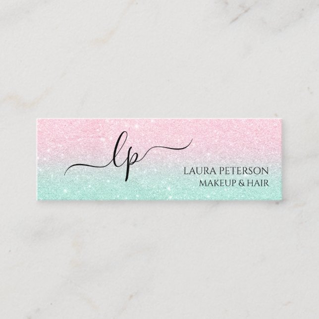 Rose gold glitter handwritten script calligraphy mini business card (Front)