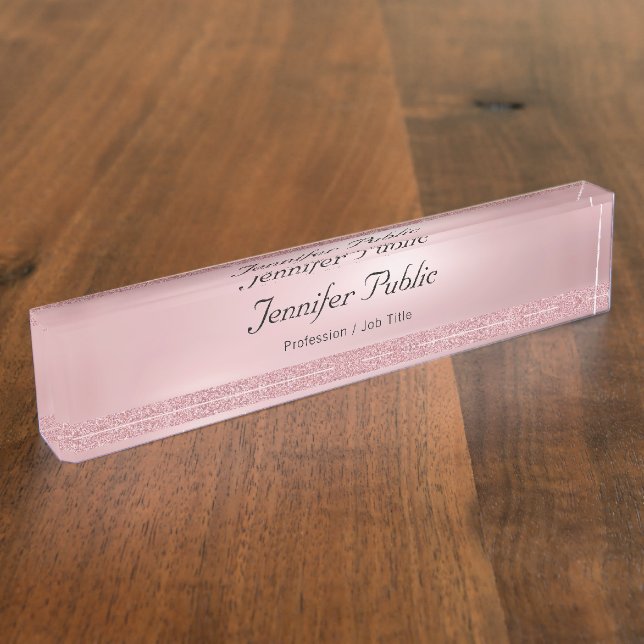 Rose Gold Glitter Handwritten Script Creative Nameplate (Side)