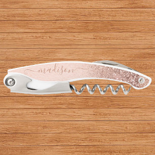 Rose Gold Glitter Handwritten Script Custom Name Corkscrew
