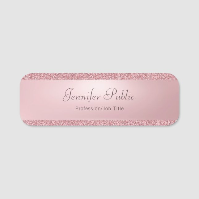 Rose Gold Glitter Handwritten Script Name Modern Tag (Front)
