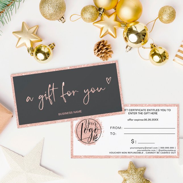 Rose Gold glitter heart grey logo gift certificate (Creator Uploaded)