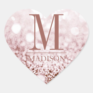 Rose Gold Glitter Heart Name Initial Monogram Heart Sticker
