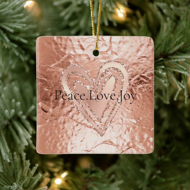 Rose Gold Glitter Heart Peace Love Joy Quote Ceramic Ornament (Tree)