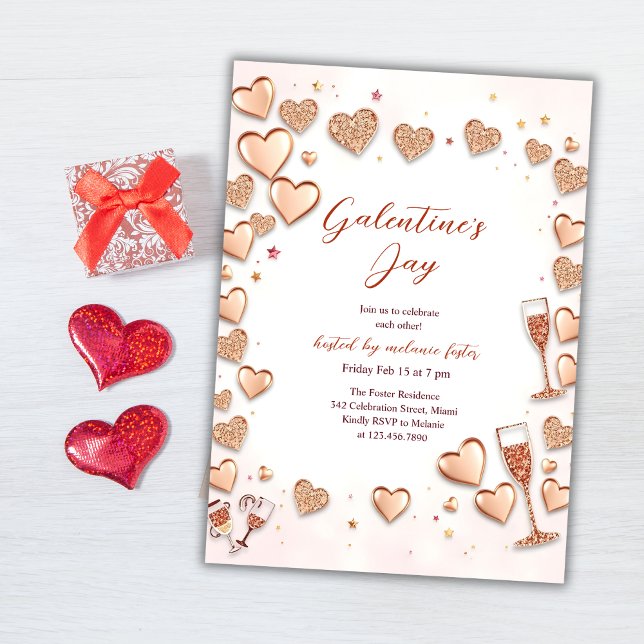 Rose Gold Glitter Hearts & Champagne Galentines Invitation (Rose Gold Hearts Champagne Galentine’s Day Party Invitation)