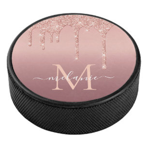 Rose Gold Glitter Hockey Puck Custom Name Letter