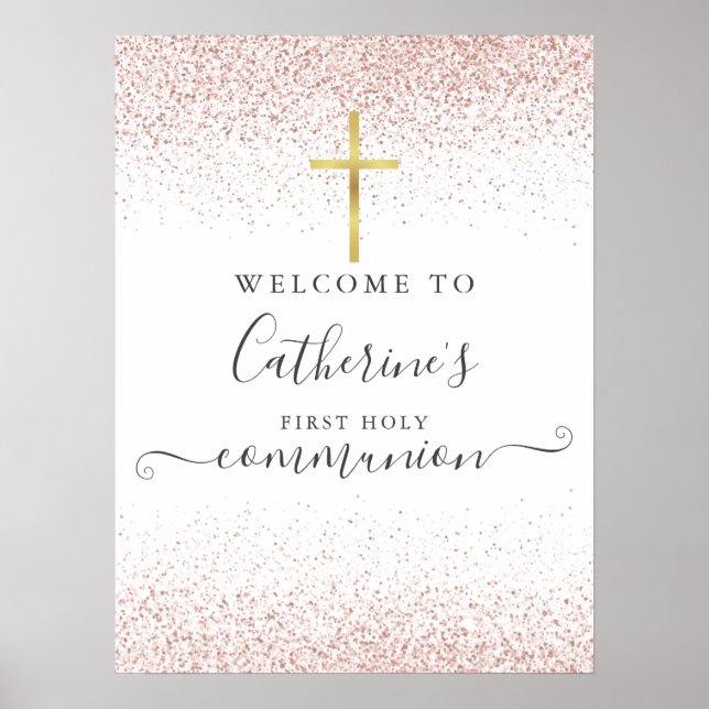 Rose Gold Glitter Holy Communion Welcome Sign (Front)
